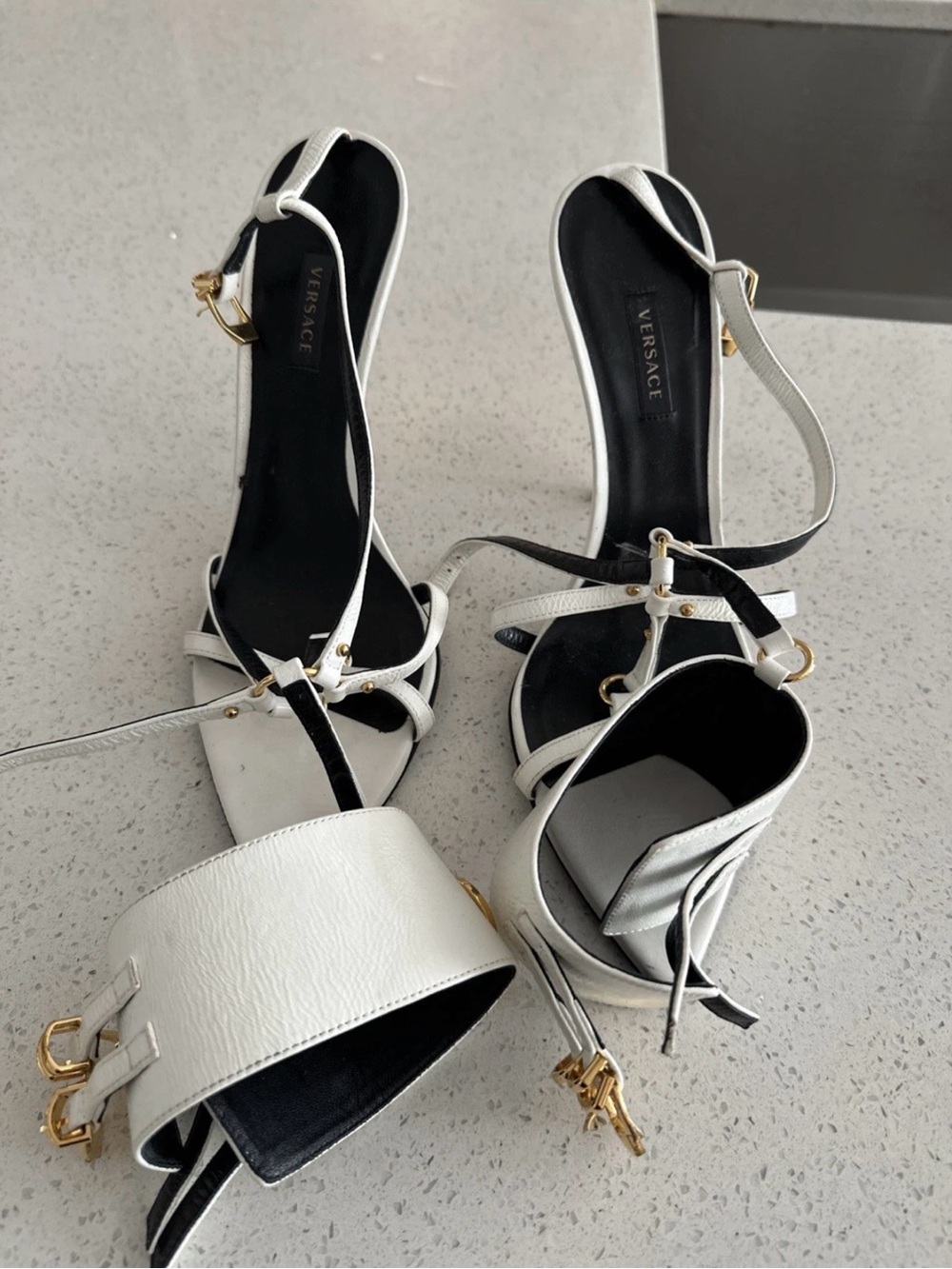 Versace White Leather Strappy Heeled Sandals with Gold Hardware